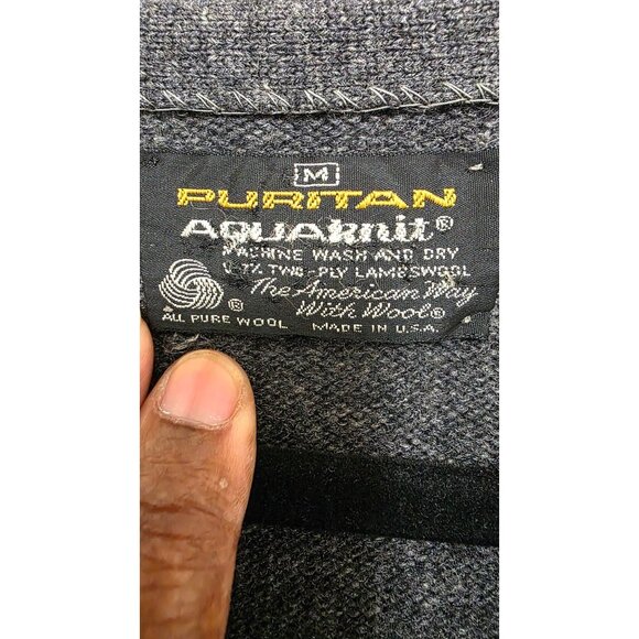 Puritan Aquaknits Men's Dark Gray Pure Wool Button-Up Cardigan Sweater Pockets - Picture 6 of 6